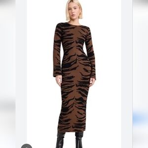 Brown and Black Tiger-Print Long Sleeve Knit Dress